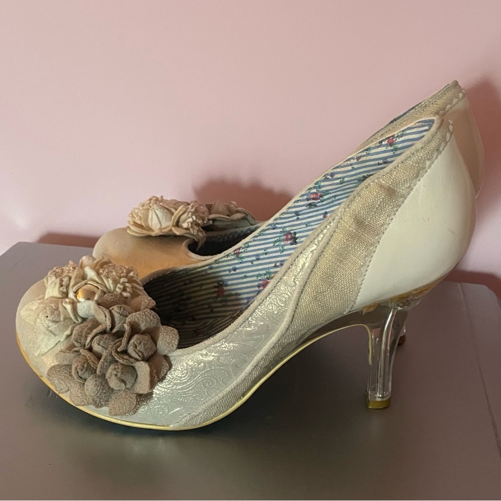 Irregular Choice Beige Floral Heels with Clear Heel